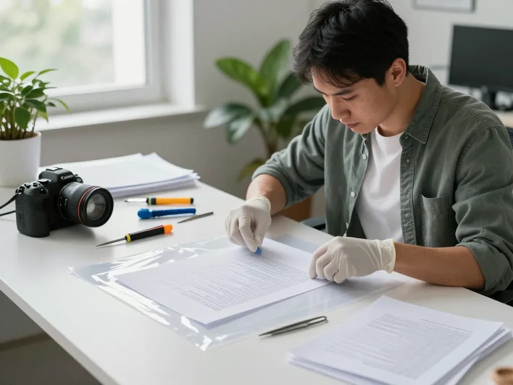 Expert technician demonstrating cách gỡ giấy đã ép plastic from a document in a professional restoration office.