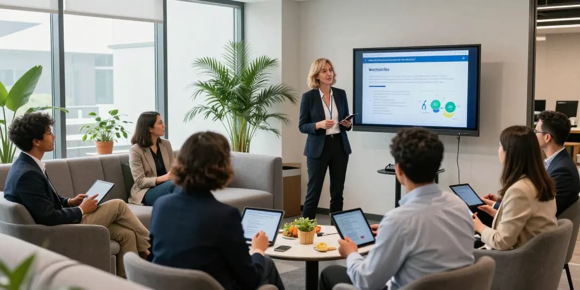 Networking event showcasing Interessenverband für Unternehmer with diverse entrepreneurs engaging actively, sharing ideas in a modern conference hall.
