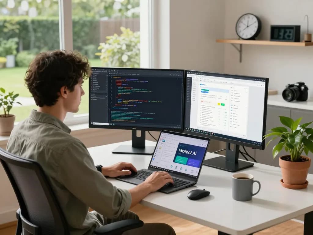Moltbot AI in a modern home office setup showcasing productivity tools, coding on dual monitors.