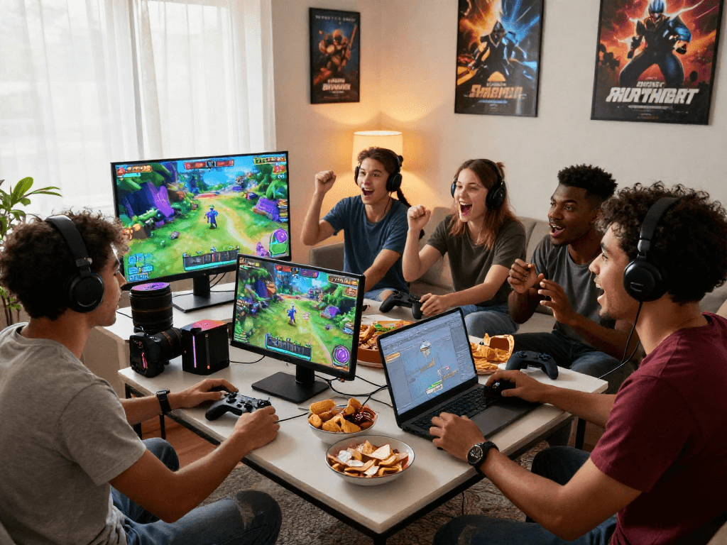 Friends playing porngame on large screen in cozy living room.