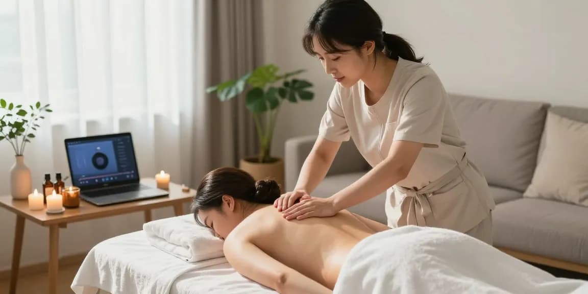 Experience a tranquil 강남출장마사지 in a serene home setting, showcasing soothing ambiance with candles and essential oils.