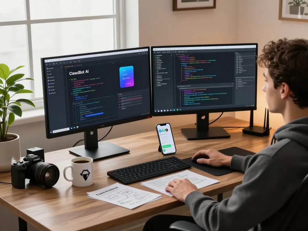 Developer utilizing ClawdBot AI in a modern home office, showcasing a unique coding and task automation setup.