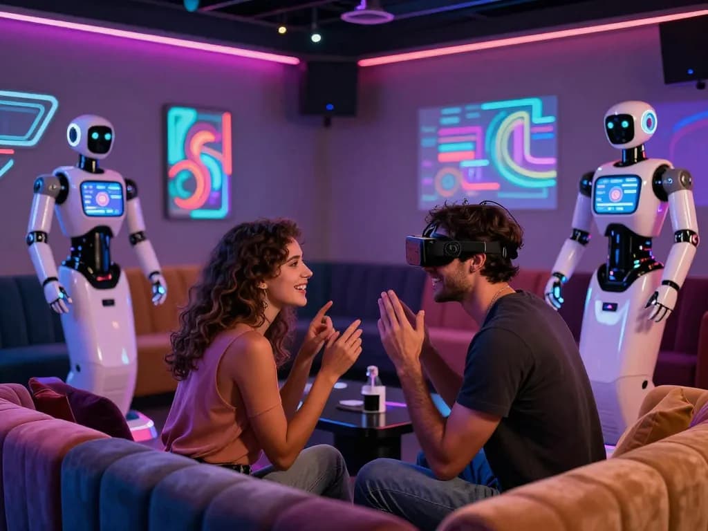 Couple exploring AI sex technology in a futuristic lounge