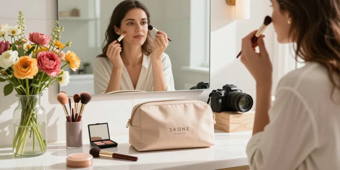 Skone cosmetics signature makeup bag stylishly displayed during a morning beauty routine.