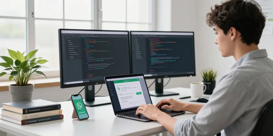 WhatsApp下載 interface on a developer's laptop in a modern tech workspace