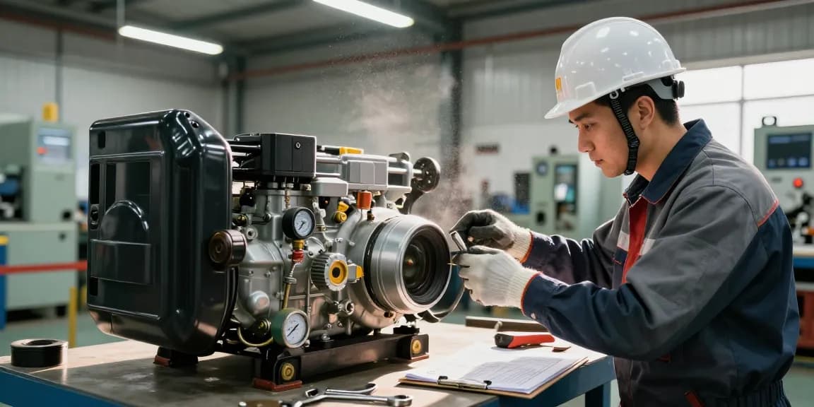 Technician inspecting diesel generators in an industrial workshop, showcasing reliability and maintenance focus.