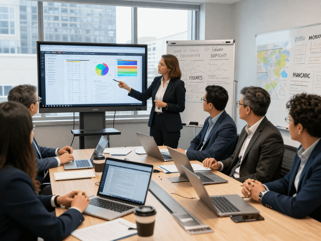 Engaged team discussing google political ads verification during a strategy meeting.