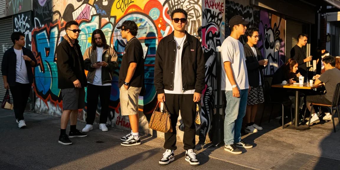 Young adult in stylish 레플리카 clothing posing confidently against a colorful graffiti wall.