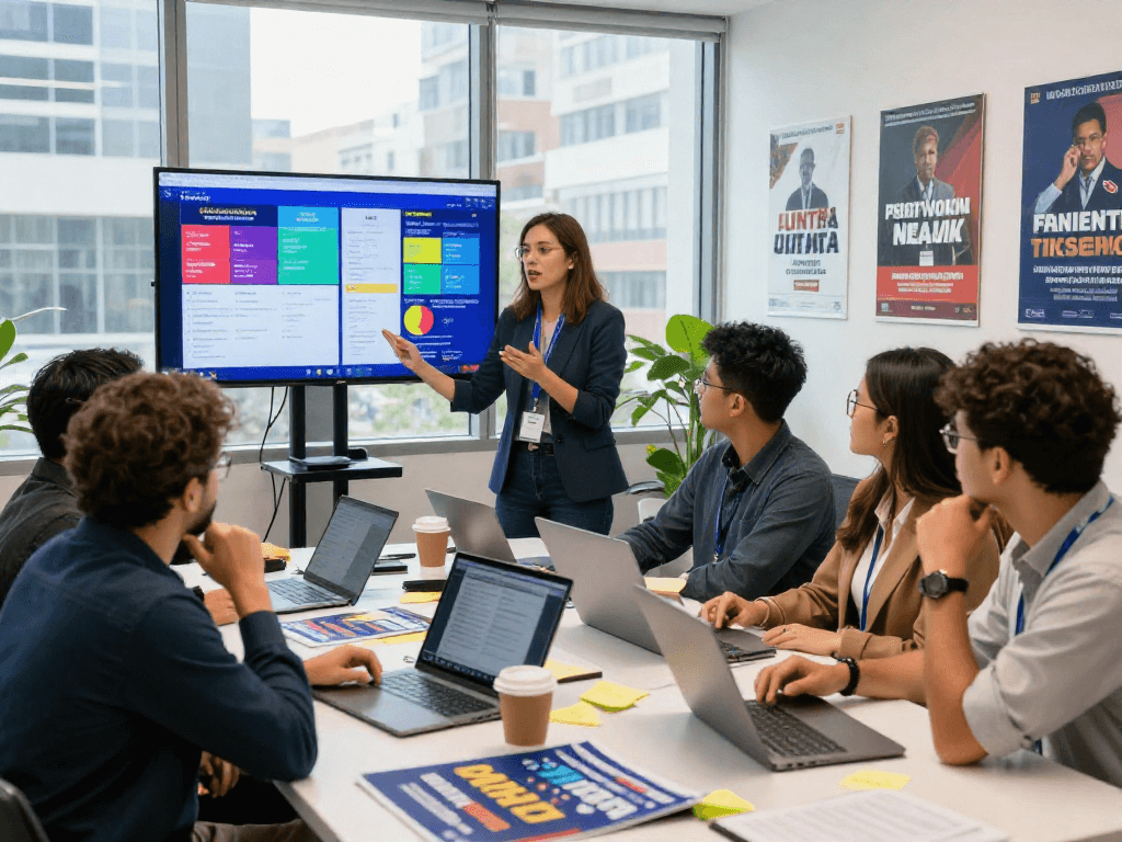 Digital fundraising for campaigns strategies discussed in a vibrant political campaign office.