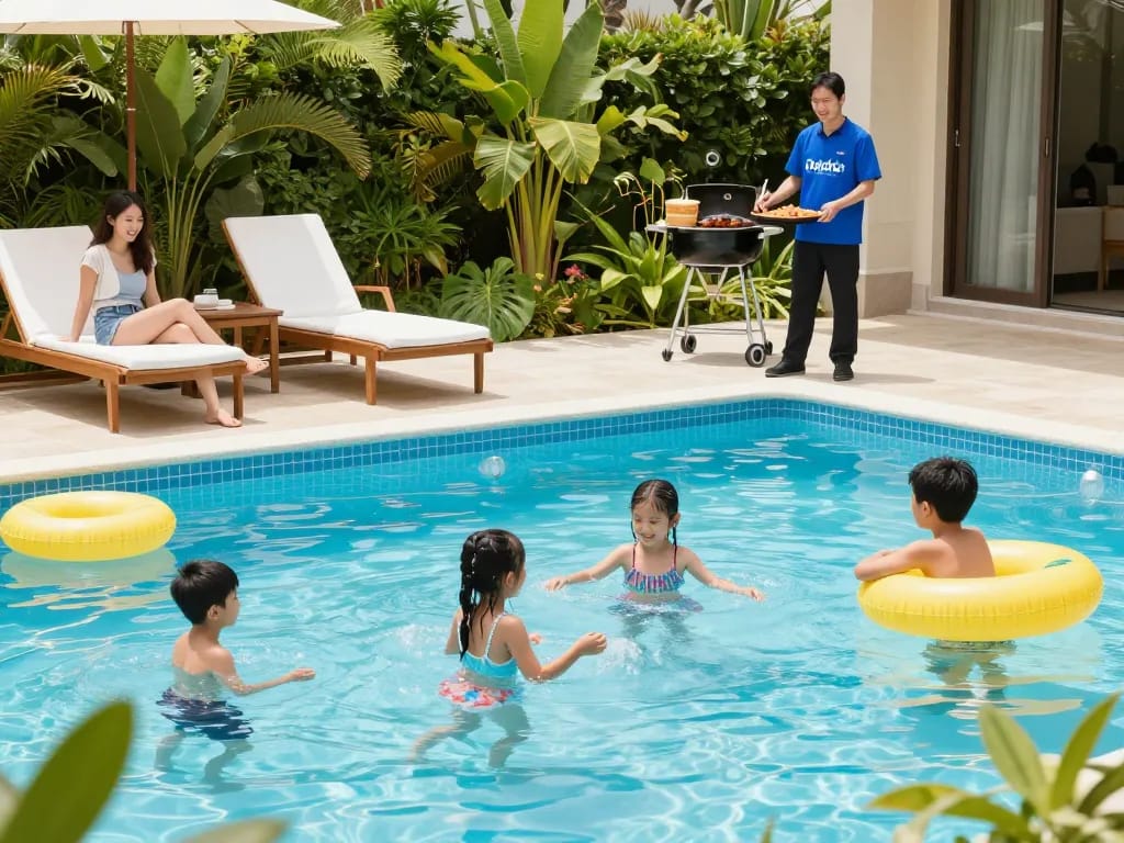 Dolphin Pool Services providing exceptional pool maintenance with a happy family enjoying their well-cared-for pool.