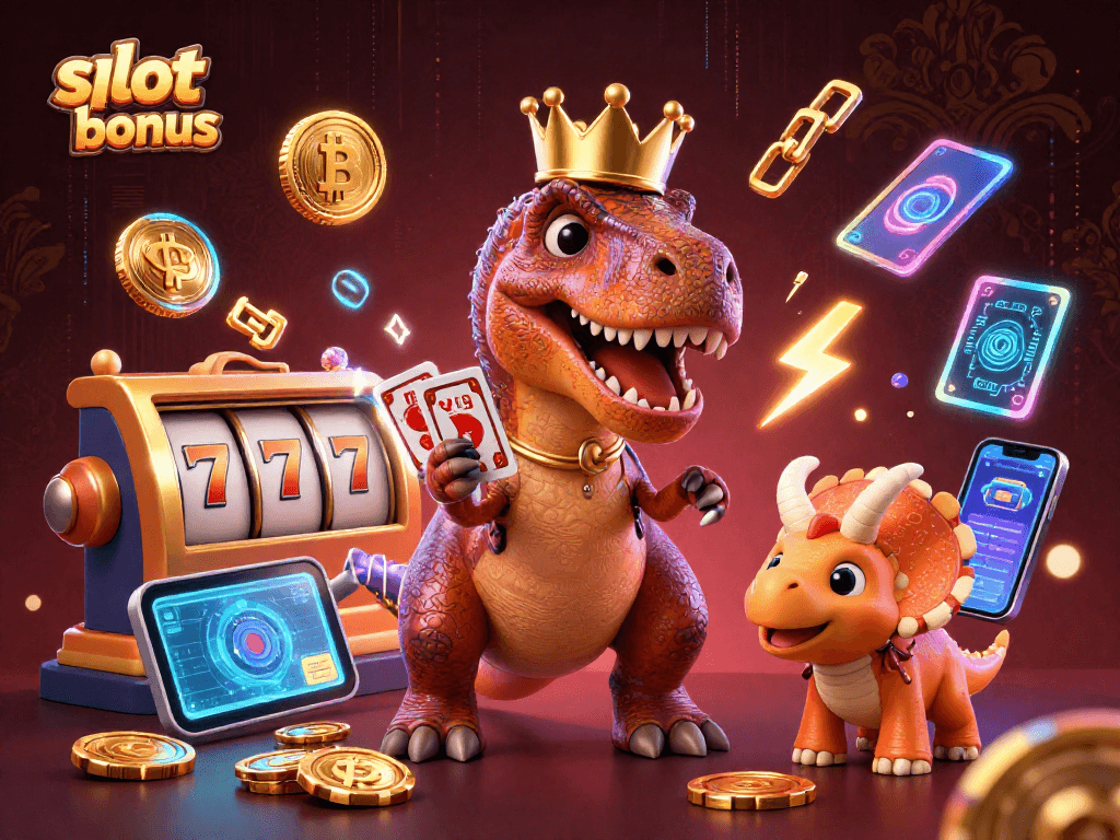 Engage in a thrilling slot bonus adventure with a T-Rex shuffling cards and friends amidst blockchain riches.