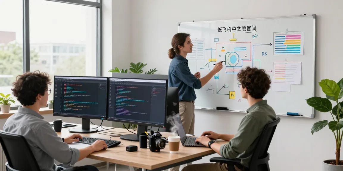 Showcase of developers working on the 纸飞机中文版官网 application in a bright, modern workspace.