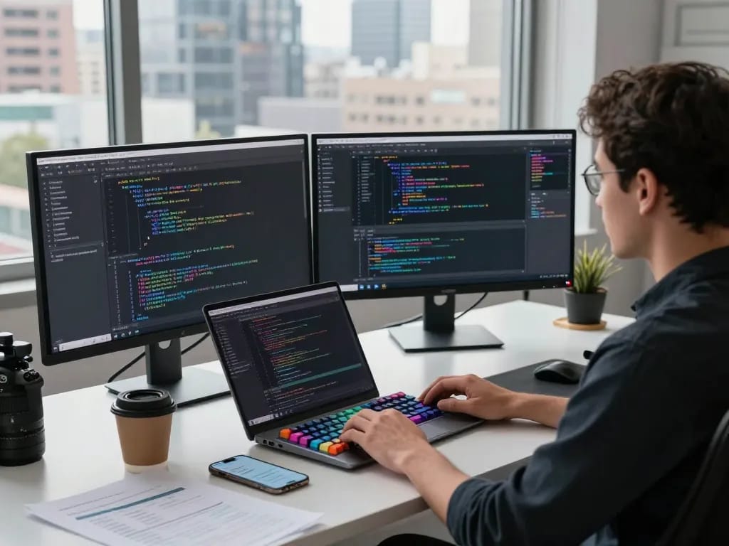 Developer using clawbot for coding tasks in a modern office workspace