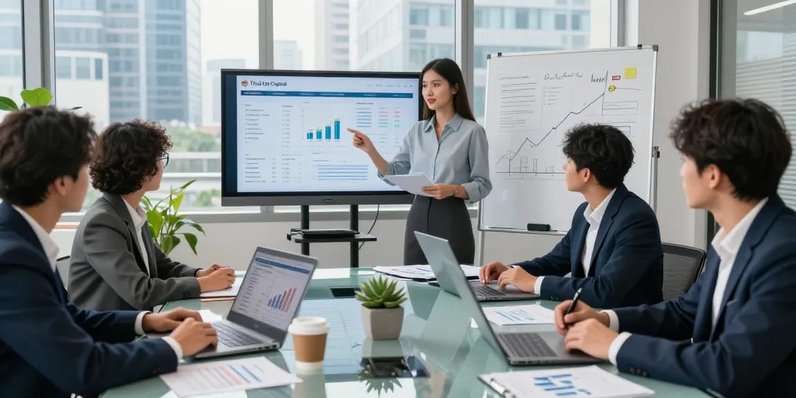 Professionals collaborating at Third Eye Capital's office, showcasing analysis and strategy.