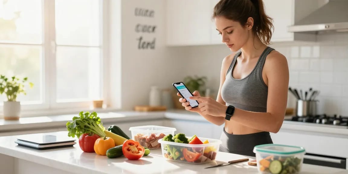 The best macro tracker app being used in a bright kitchen while preparing a healthy meal.