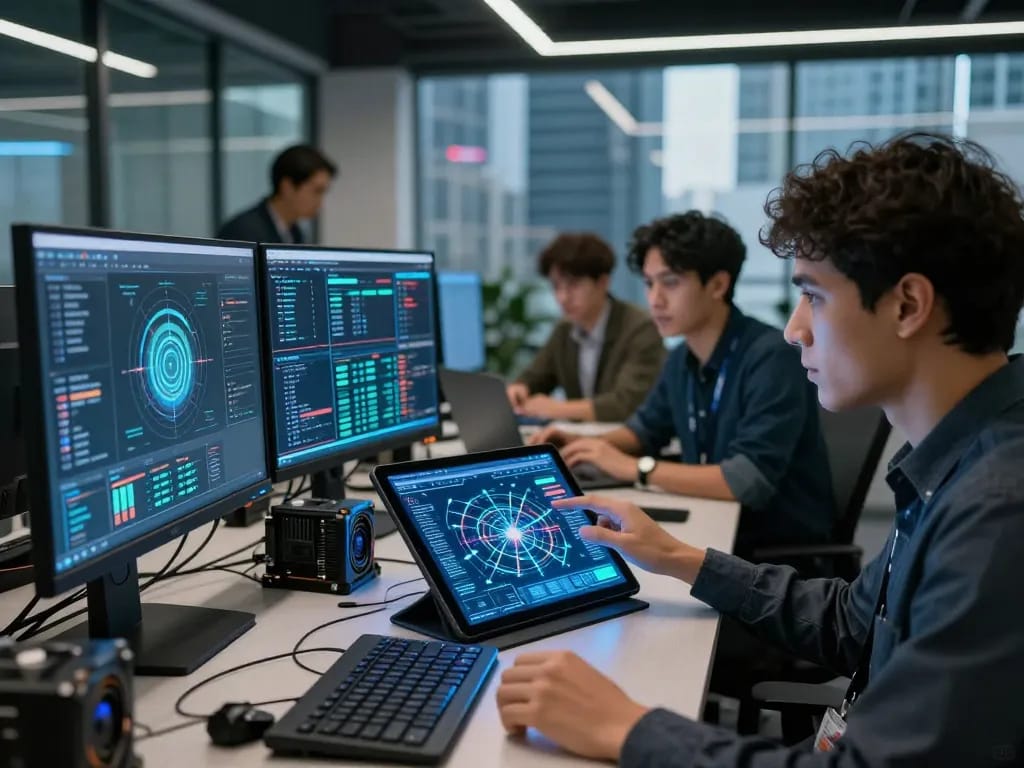 Focused team analyzing online crypto mining data on high-tech devices in a modern office.