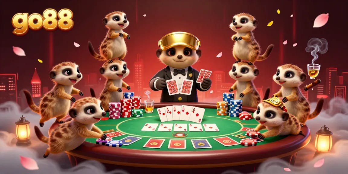 Charming meerkats manage a busy go88 casino, showcasing vibrant poker elements and playful antics.