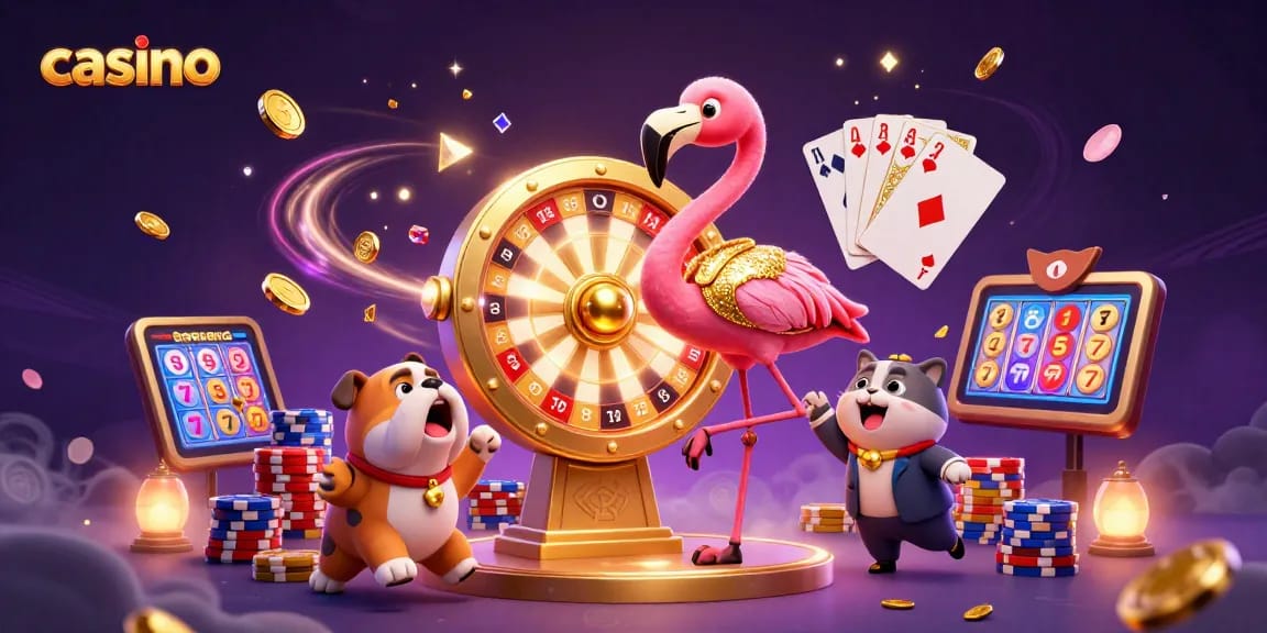 Exciting casino experience with a flamingo host, bulldog contestant, and prizes revealed.