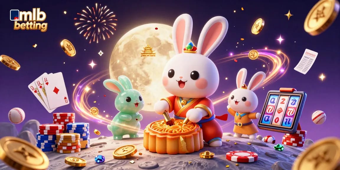 Engage in MLB betting with an exciting scene of a moon rabbit, poker chips, and dynamic sports elements.