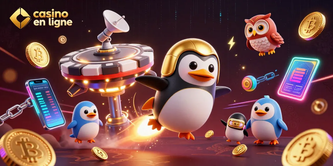 Casino en ligne : voyagez à travers l'espace avec un pingouin doré et des pièces brillantes.