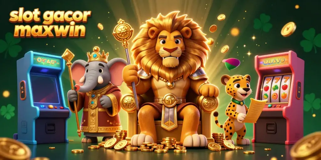 Gambar slot gacor maxwin menampilkan raja singa duduk di atas takhta koin emas, dikelilingi mesin slot berwarna-warni.