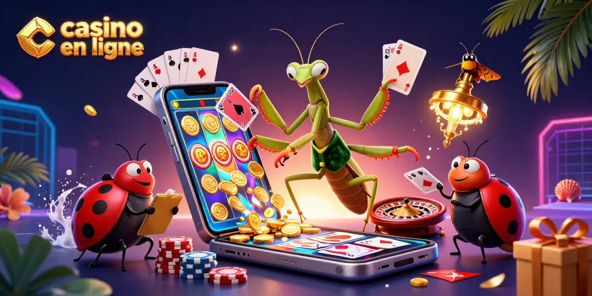 Casino en ligne : illustration d'un mante religieuse en train de distribuer des cartes et des jetons.