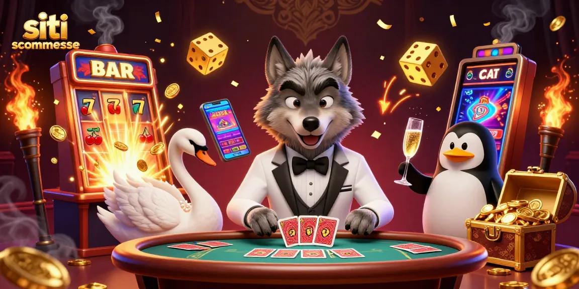 Scopri i migliori siti scommesse con un lupo elegante al tavolo di baccarat, mentre svelano jackpot e trofei.