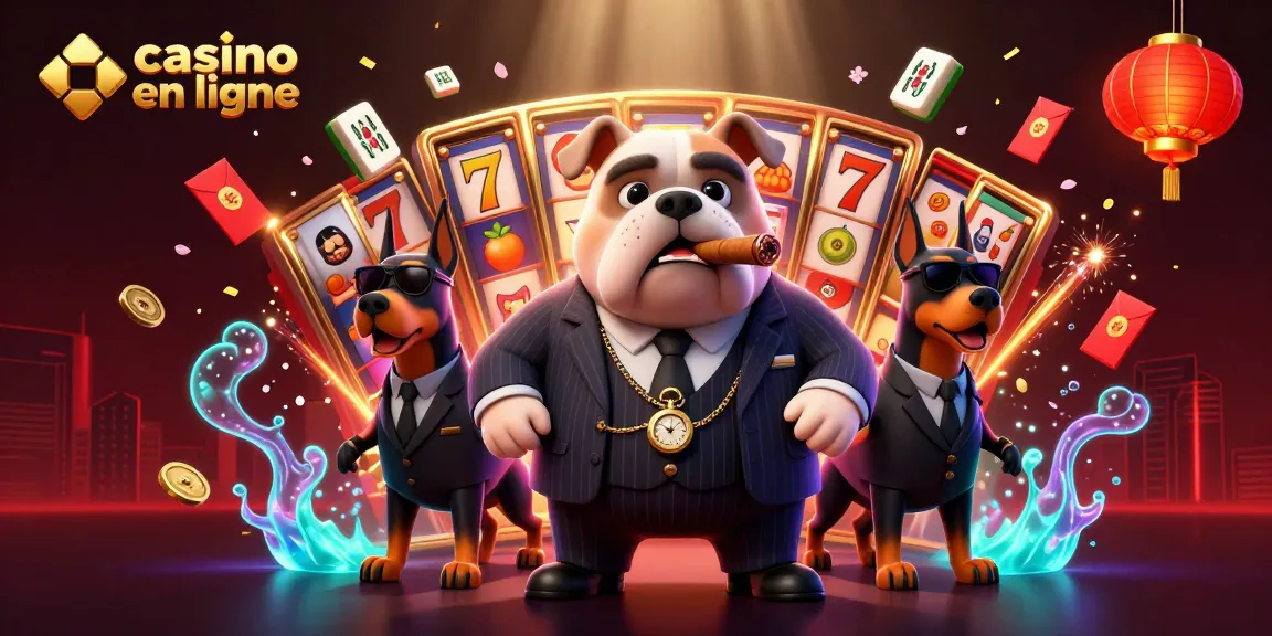 Jouez au casino en ligne avec un bulldog mafieux et ses gardes, entourés de machines à sous.