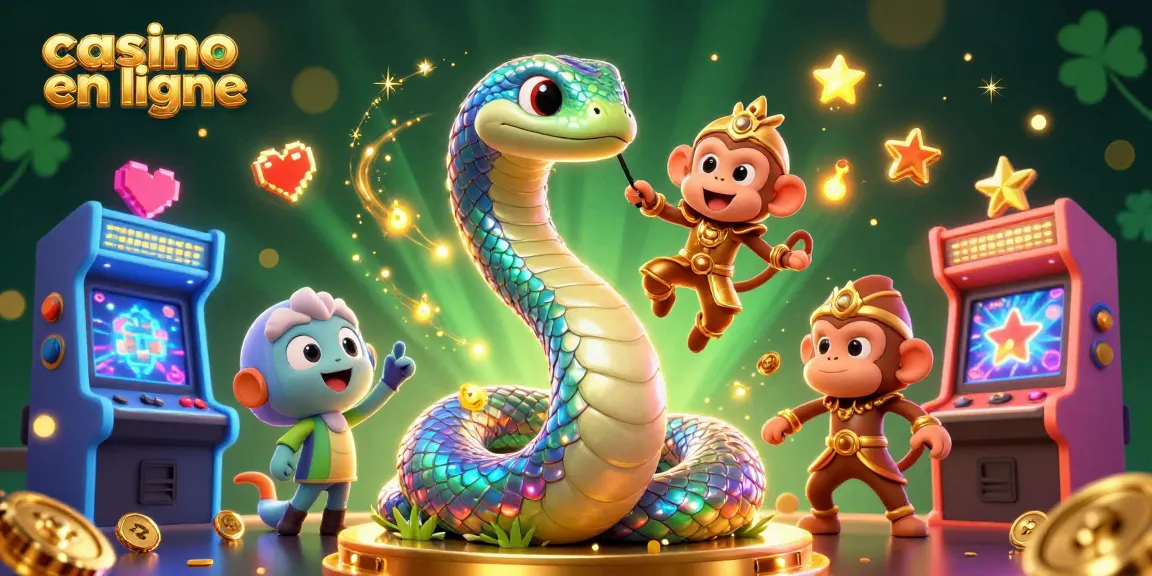 Illustration captivante de jeux de casino en ligne avec des serpents et des lumières magiques créant une ambiance festive.
