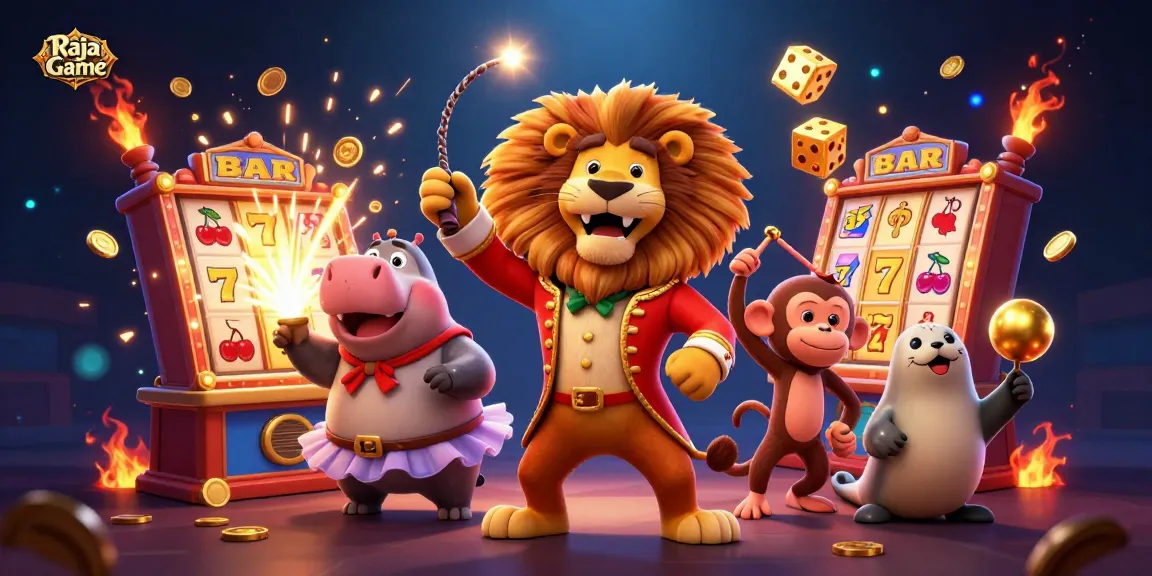 Play exciting games and win big with Raja Game's vibrant 3D circus-themed illustration.