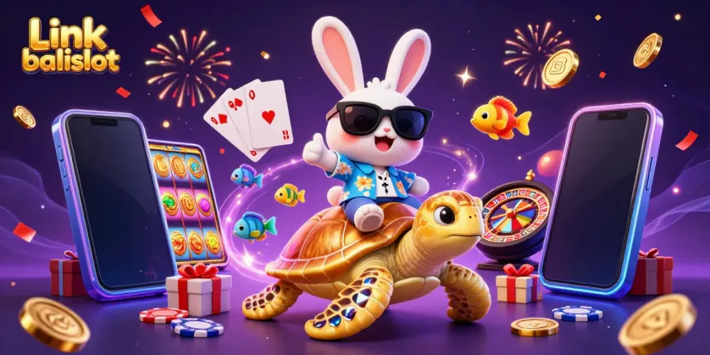 Bet on Link balislot with a lucky rabbit and golden turtle in a vibrant casino scene.