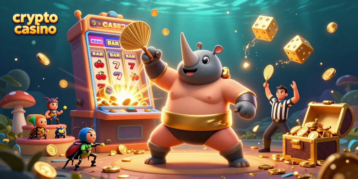 Un crypto casino animé avec un scarabée rhinocéros en sumo envoyant des pièces d'or en l'air.