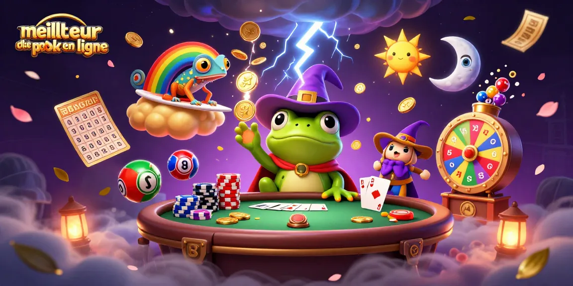 Visualisez le meilleur site de poker en ligne : un mage grenouille créant une tempête de pièces d'or.