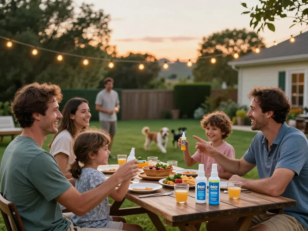 Family applying the Best Mosquito Repellent at a summer barbecue, ensuring a fun, bite-free outdoor experience.