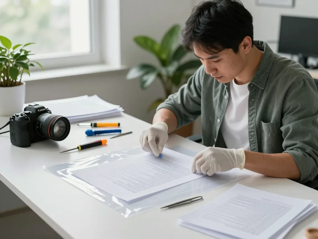 Expert technician demonstrating cách gỡ giấy đã ép plastic from a document in a professional restoration office.