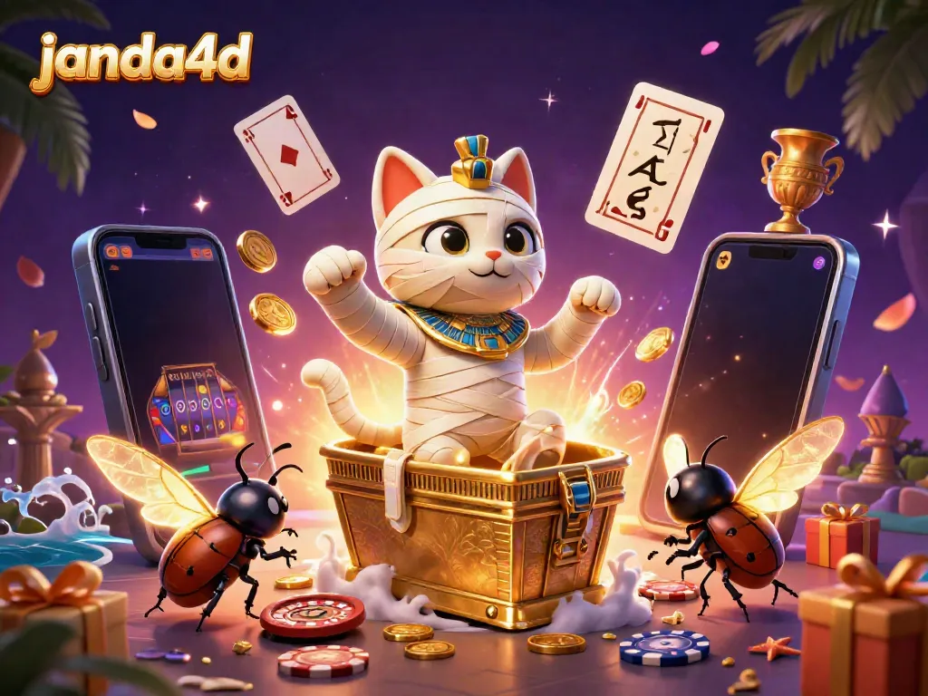 Visualisasi 3D dari JANDA4D yang menampilkan kucing mumi dan elemen permainan slot yang berwarna-warni.