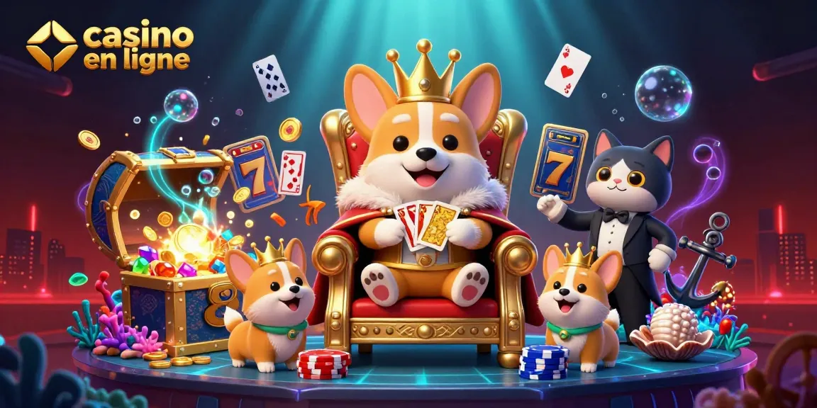 Une illustration dynamique représentant un corgi royal sur un trône de jetons, mettant en avant le casino en ligne.