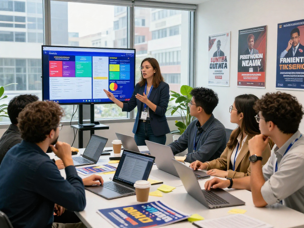 Digital fundraising for campaigns strategies discussed in a vibrant political campaign office.