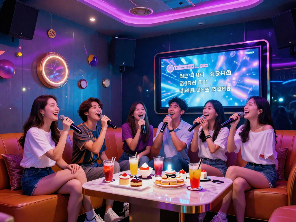 디저트 가라오케에서 친구들과 즐거운 시간을 보내는 모습, 화려한 조명과 달콤한 디저트가 함께하는 파티 분위기
