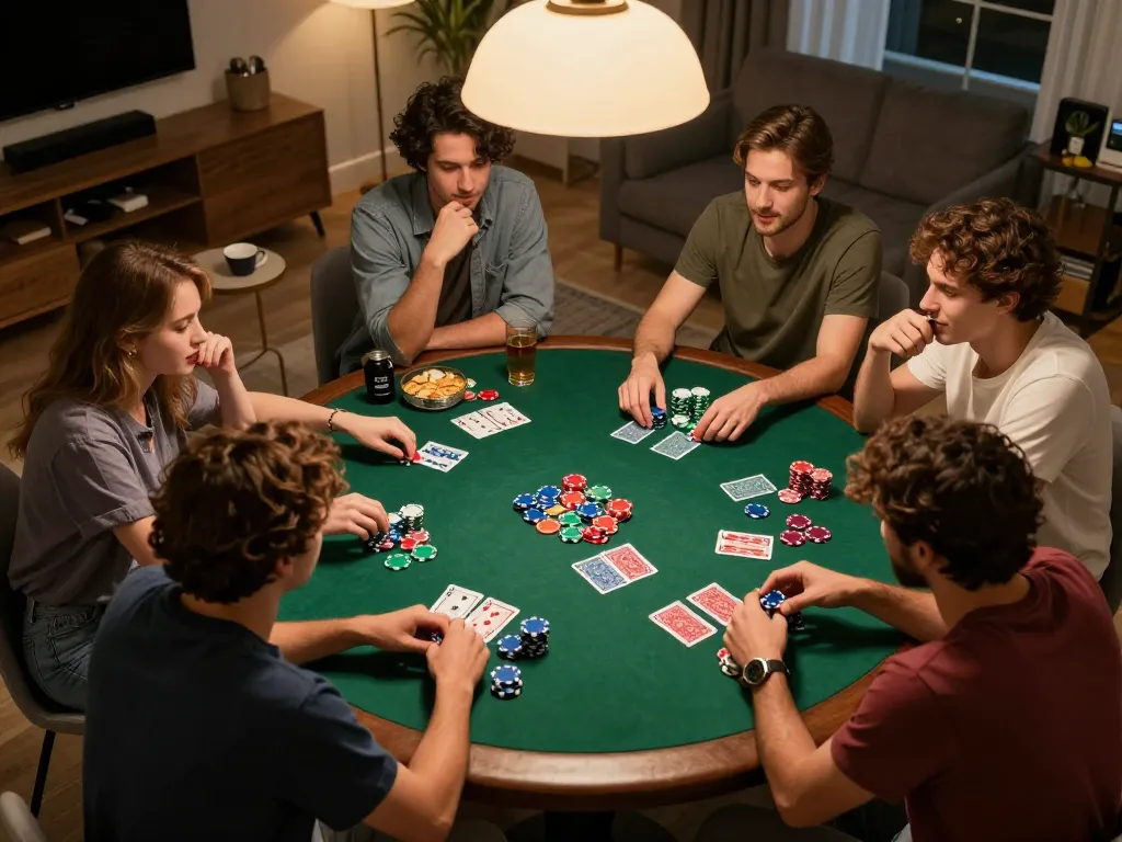 Engaging poker night with friends as they enjoy slot gacor gameplay and friendly competition.