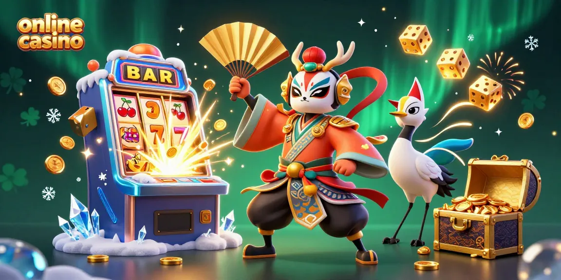 Experience excitement in an online casino with colorful slots, kabuki warriors, and vibrant casino elements.