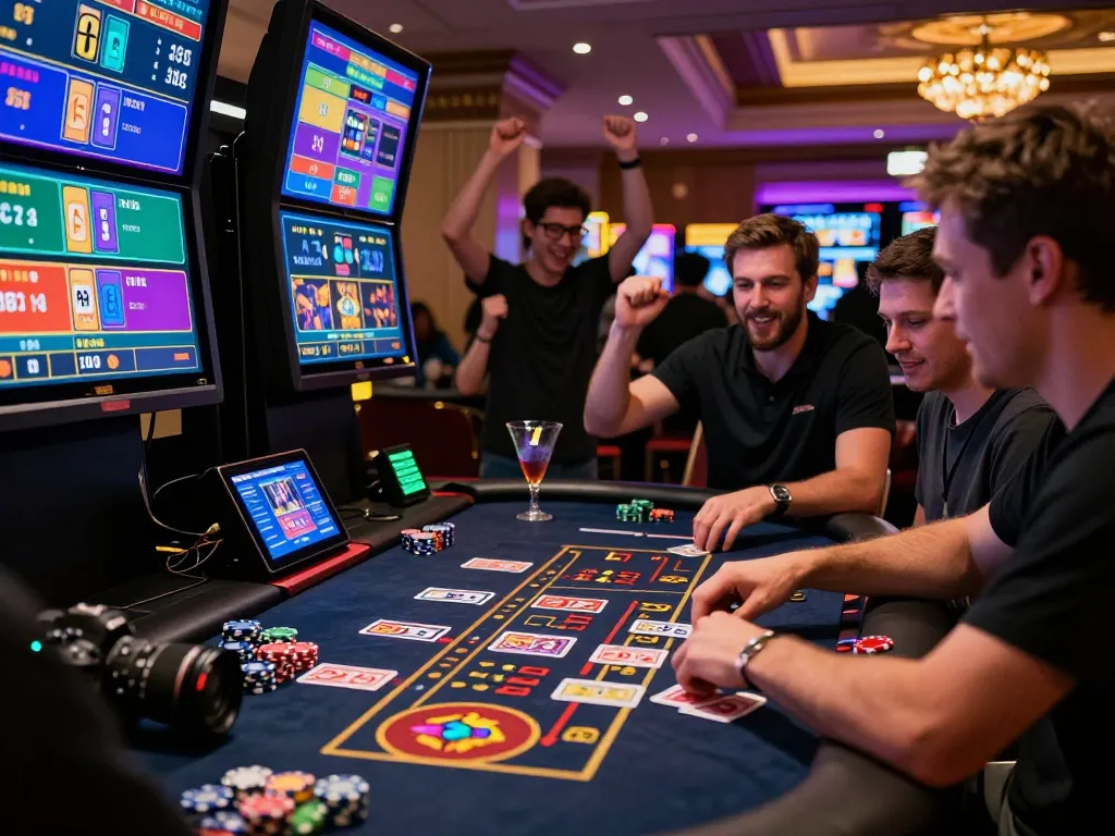 MM88 online casino player enjoying vibrant gaming experience with friends and digital screens.