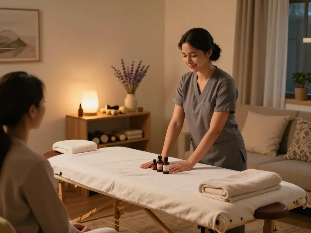 출장 마사지 session setup in a cozy home with relaxation elements and professional therapist.