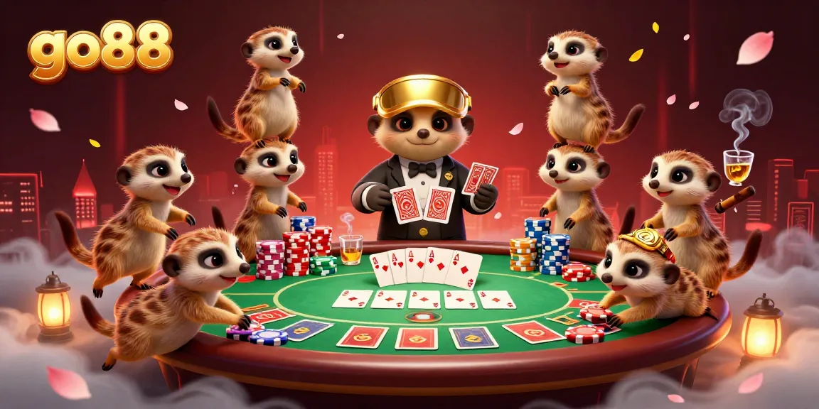 Charming meerkats manage a busy go88 casino, showcasing vibrant poker elements and playful antics.