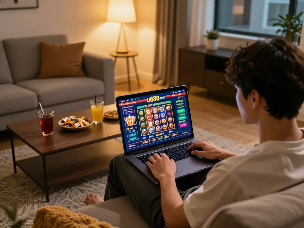 Engaging moment on u888 com as a player enjoys online casino gaming on a cozy couch, highlighting modern gaming lifestyle.