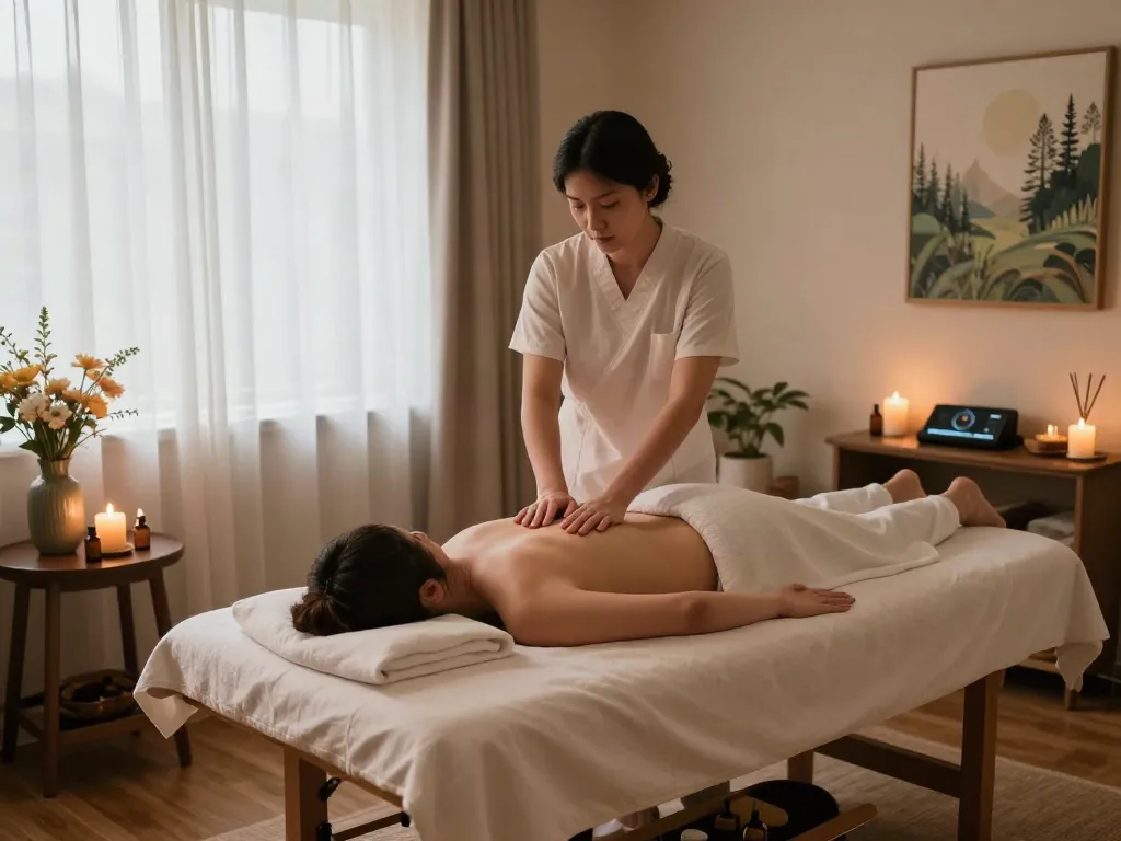 Relaxing 왕십리출장마사지 scene featuring a tranquil therapy room with soothing ambiance and massage therapist.