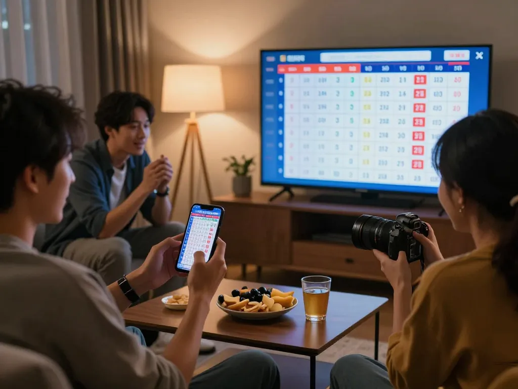 Viewing live HK lottery results with friends in a cozy setting, showcasing excitement and engagement.