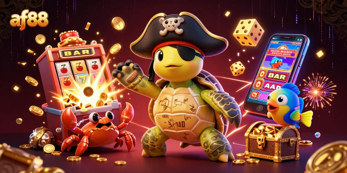 Engage in thrilling gameplay at AF88, where a pirate turtle, crab, and parrotfish explore slot machine treasures.