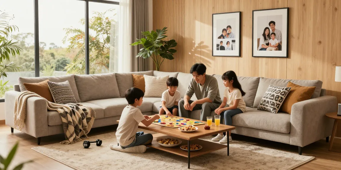 Family enjoying cozy living room time with depo 5k furniture, snacks, and warmth.