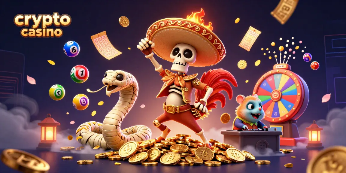 Un casino crypto dynamique avec un squelette mariachi, des pièces dorées et des billes colorées en pleine action.